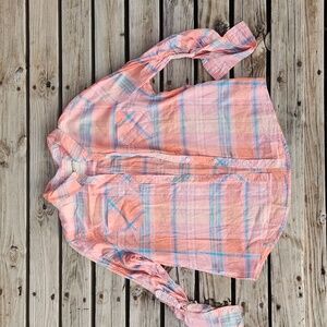 Pink and Blue Plaid Lightweight Button Down Shirt Juniors Large 100% Cotton